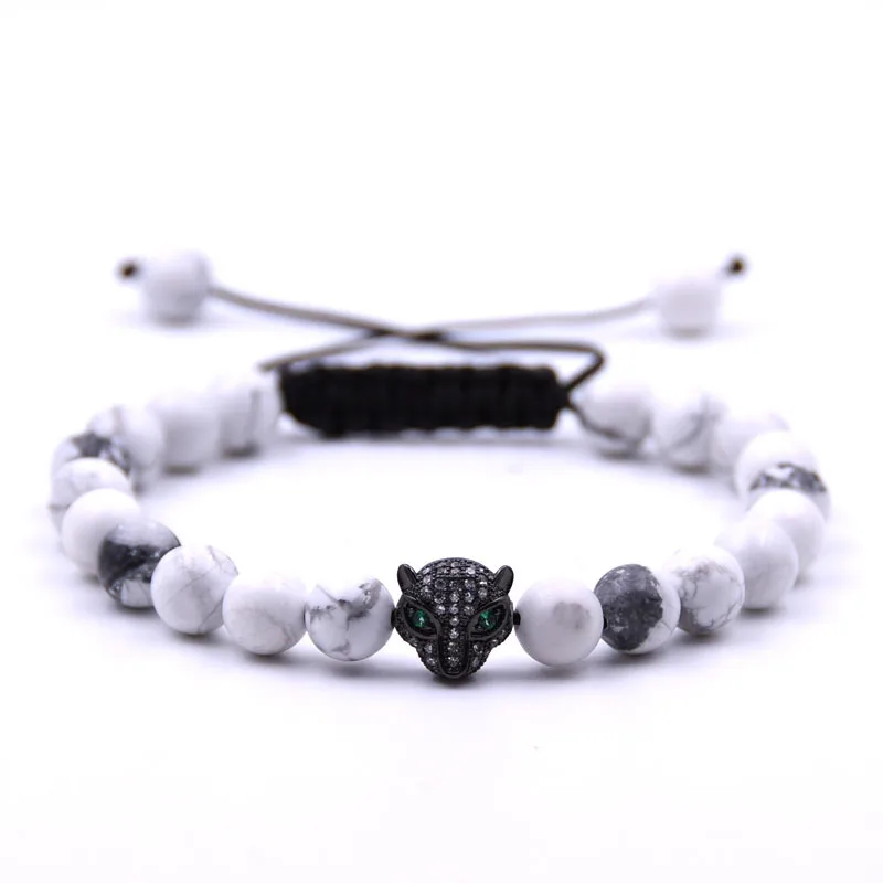 

8mm Natural Stone Lava Stone Bead Strand Bracelet for Men Male's Leopard Pendant Panther Head Tassel Bracelet Jewelry On Hand