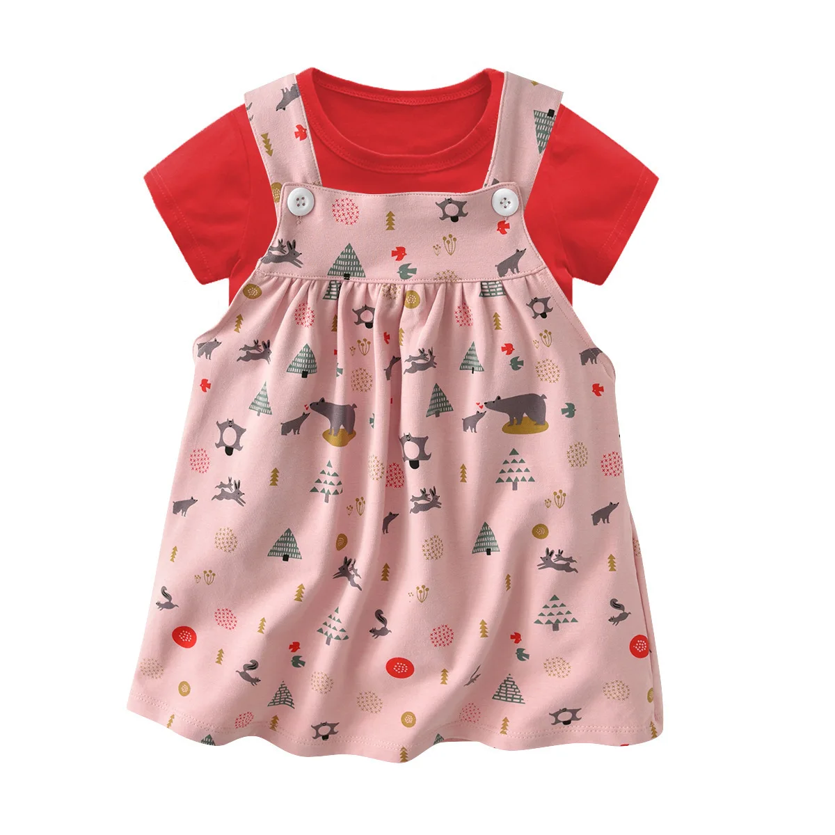 

HI&JUBER Baby Dresses Baby Girls Cotton Short Sleeved T-shirt With Printed Slip Dress Girls Dress Children Dresses