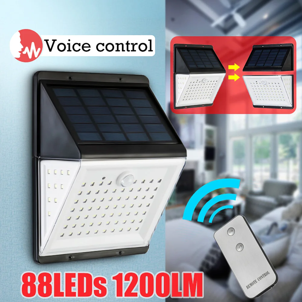 88 LED Solar Power Motion Sensor Light Voice Remote Control Outdoor Yard Wall Lamp