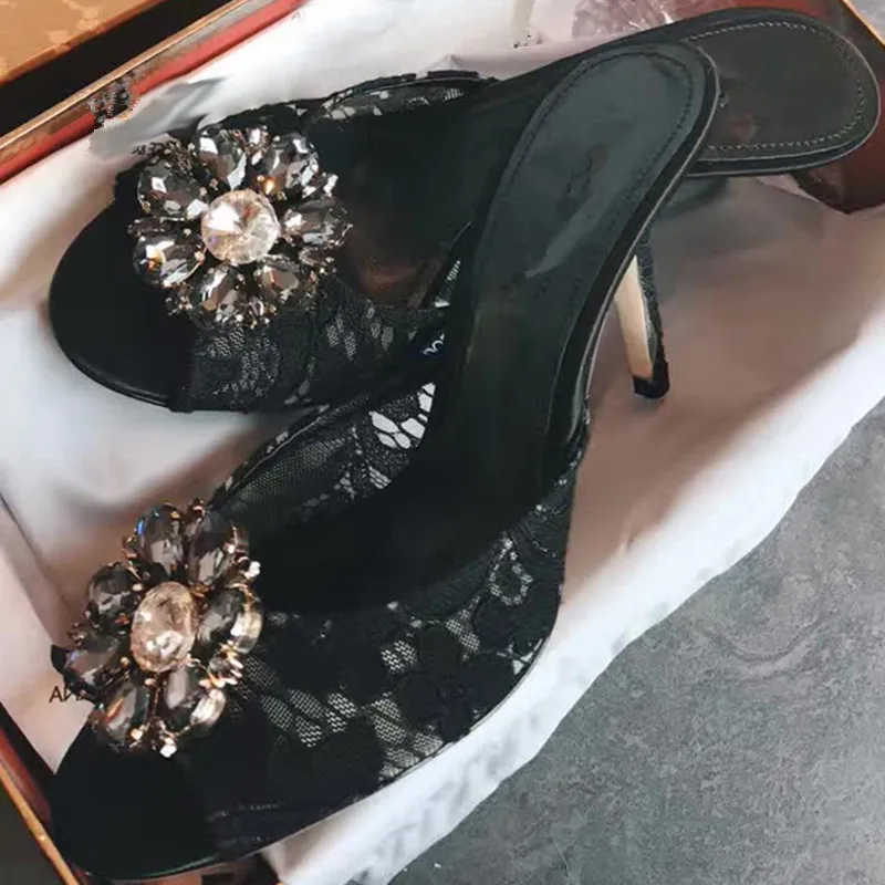 

2018 Women Slipper Crystal Embellished Flower Decor Lace Shoes High Thin Heel Stiletto Peep Toe Women Slides Outdoor Brand Shoes