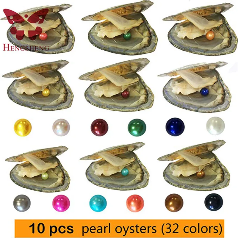 

HENGSHENG 10 PCs Freshwater Peal Oysters with 6-8 mm Nearly Round Loose Pearls Inside Mix Color Love Wish