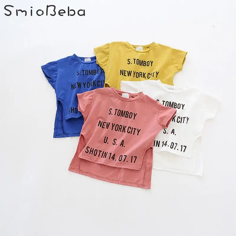 

Girl Shirts Tops Letter USA Printed Short Sleeve Top Shirt Ins Summer Bat Round Neck Cotton Top Shirt Korean Models Casual Kids