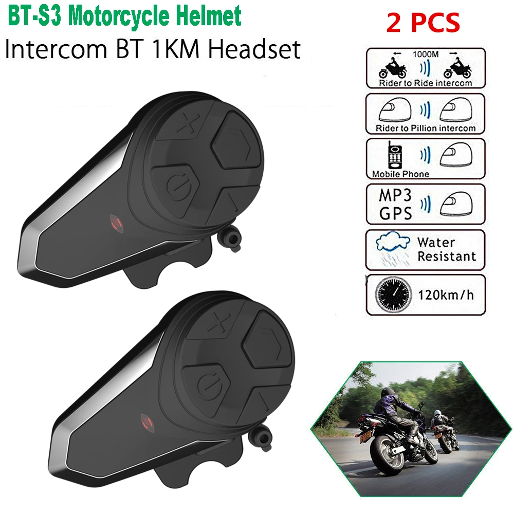 

2pcs BT-S3 Intercom Bluetooth Earphone Wireless Moto Helmet Headset Waterproof Interphone Intercomunicador Headphone With MIC FM