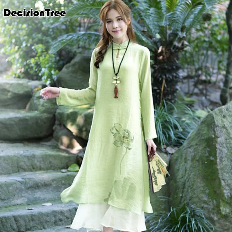 

2019 summer ethnic chinese style hand painted cotton cheongsam improved pankou casual vintage dresses female clothes