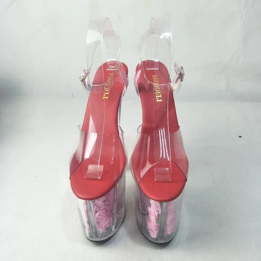 Sexy and see-through 20cm high heels with pink roses for lady's sandals crystal dance shoes