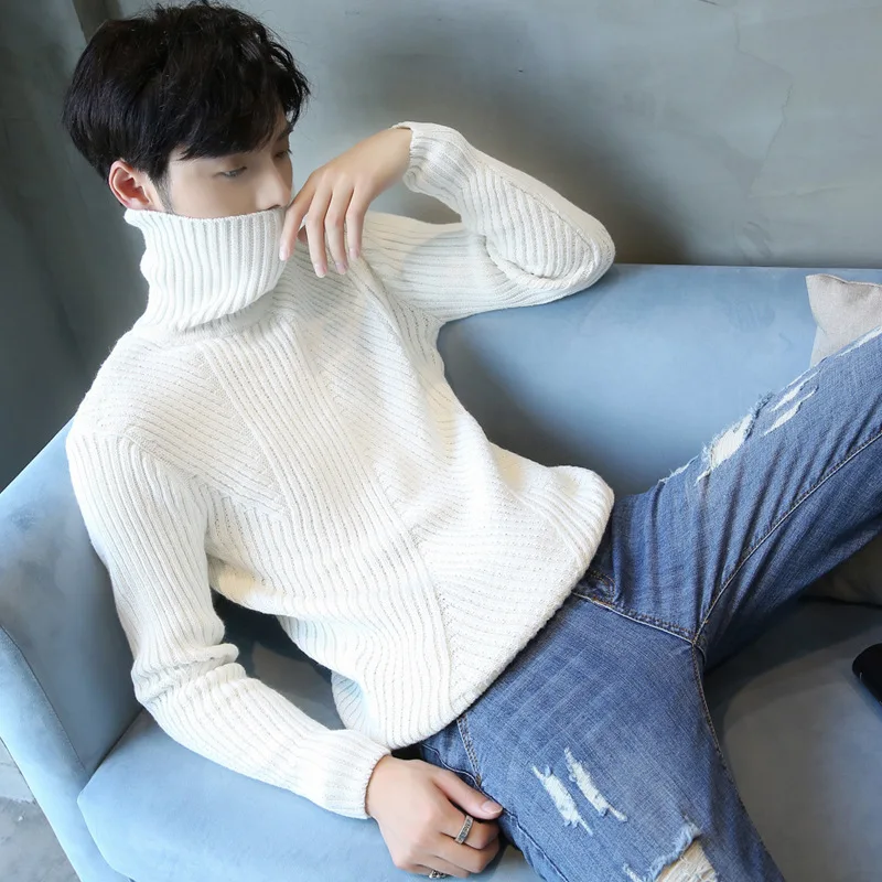 Толстые свитера с воротником под горло Для мужчин похудения корейский Однотонная одежда вязаные свитера подростков