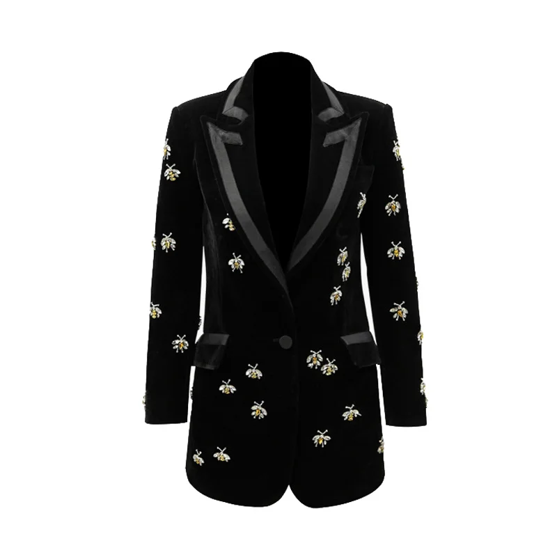 High Quality Velvet Blazer Women 2019 New Fashion Luxe Crystal Design Long Sleeve Slim Office Ladys  Blazers And Jackets       