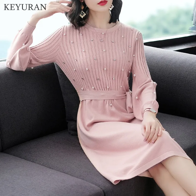 2018 Autumn New Lantern Long Sleeve Stretch Knitted Dress Bow Tie Up Pearl Beading Drill Elegant Pink Sweater Dresses Vestidos