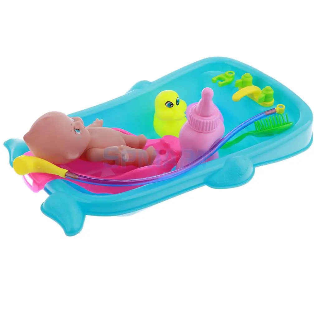 Set of Kid Baby Role Pretend Play Game Taking Care Doll Bath in Bathtub Developmental Educational Water Toy w/ Doll Gift