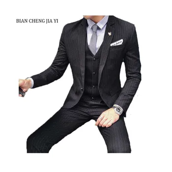 

Luxury Men Wedding Suit Men Clothing Male Blazers Slim Fit Men Suits Costume Business Formal Party Gray Black Stripe