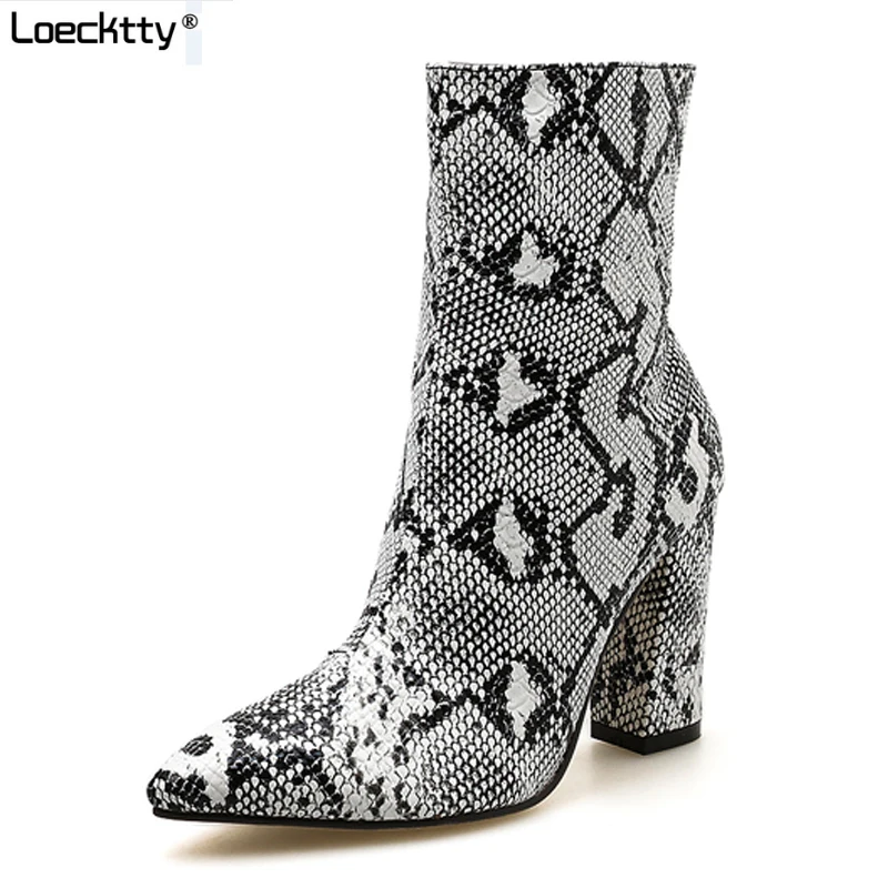 

Loecktty Women Zipper Boots Snake Print Ankle Boots Square heel Fashion Pointed toe Ladies Sexy shoes 2018 New Chelsea Boots