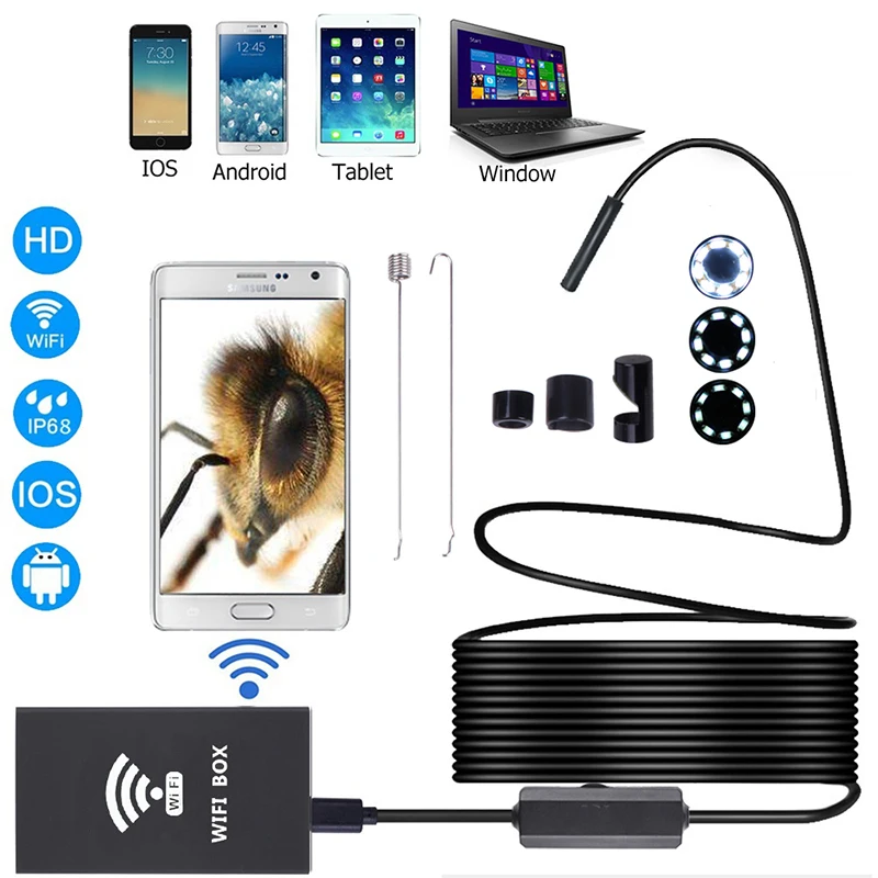 

F140 8mm 1200P HD WIFI Endoscope Camera Soft Hard Cable IP67 Waterproof With Adjustable Light Button for windows Android IOS