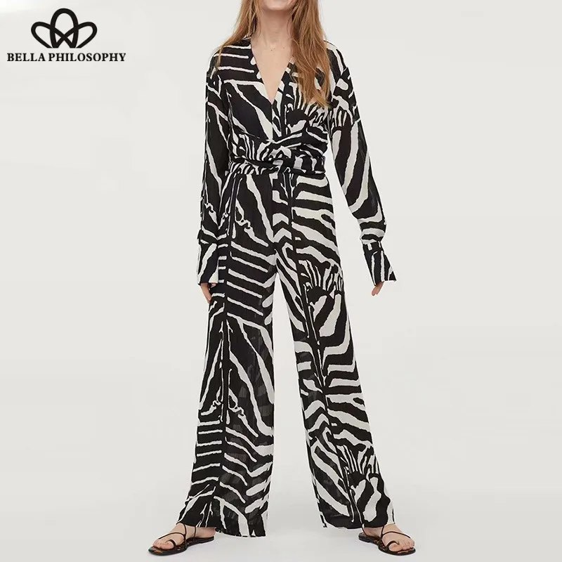 Wonder Spring Long Sleeve Loose Jumpsuits Vintage Zebra Animal Print Female Lace-Up Jumpsuits Casual V-Neck Lady Rompers 2019