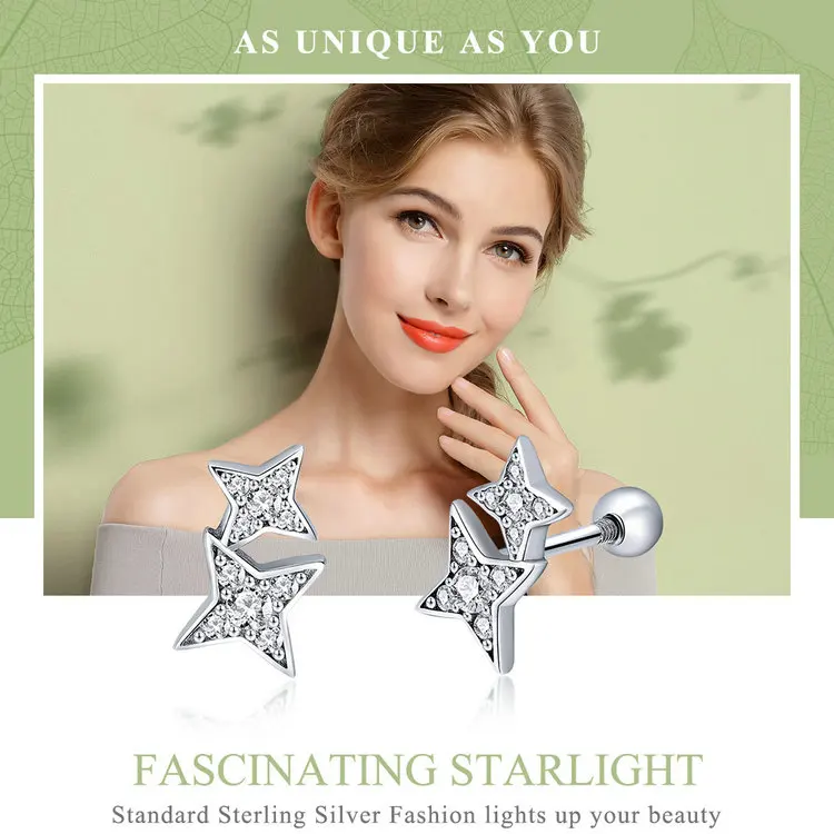 WOSTU, настоящее 925 пробы, серебряные сверкающие звезды, серьги-гвоздики для женщин, модные ювелирные изделия, подлинные серебряные серьги, блестящий подарок, DXE432
