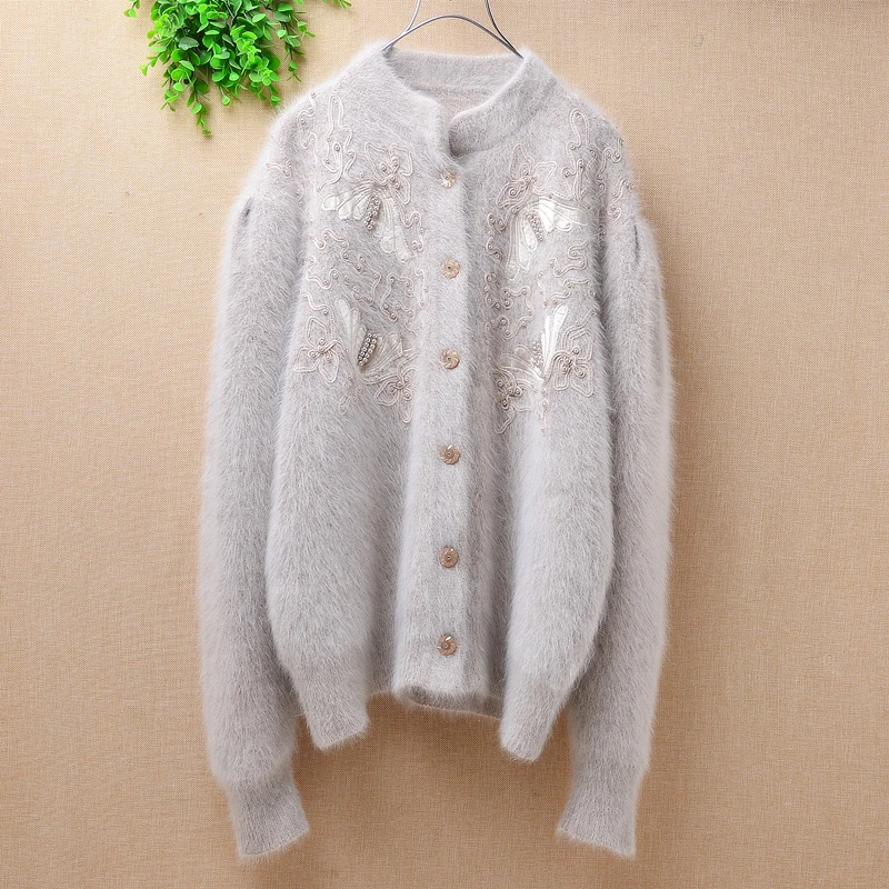 

Ladies women vintage loose beading angora genuine rabbit fur knitted wool long sleeves mink cardigan sweater autumn winter coat