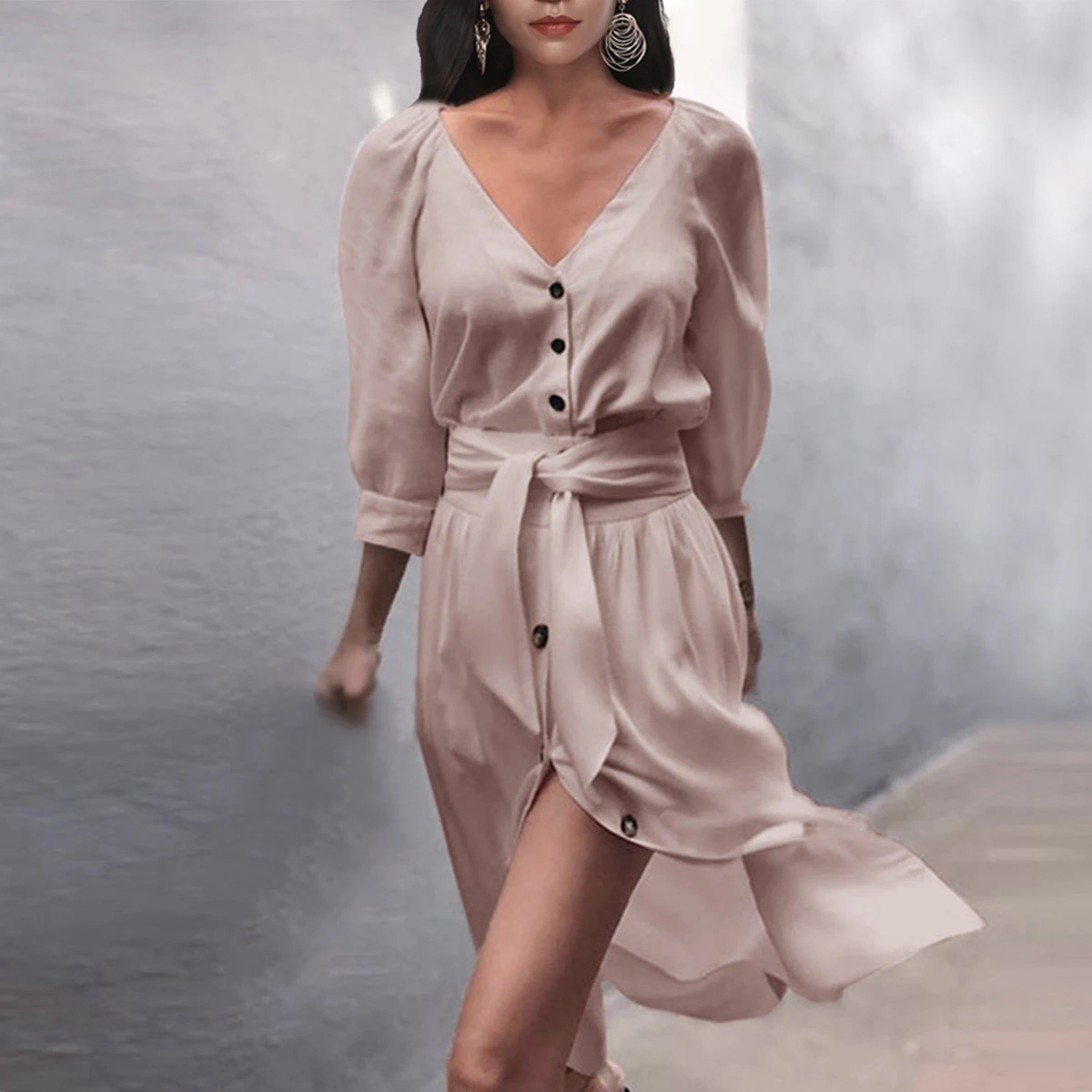 

Women Dress Ladies Office Summer Button Sundress Fashion Work Casual Formal Solid Cocktail Party Swing Holiday