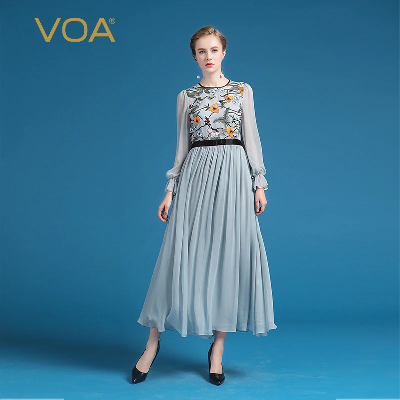 Женское длинное платье VOA из шелка и шифона с высокой талией сеткой вышивкой в