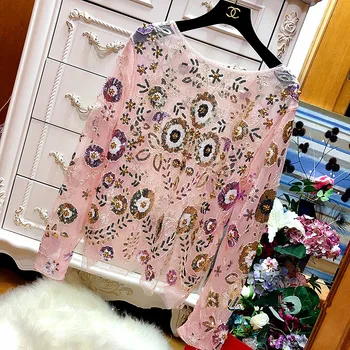 

Women Luxury Runway Sequined Blouse Tops Sheer Sexy O-neck Mesh Blouse Long Sleeve Colorful Floral Lady Party Blouses SL032