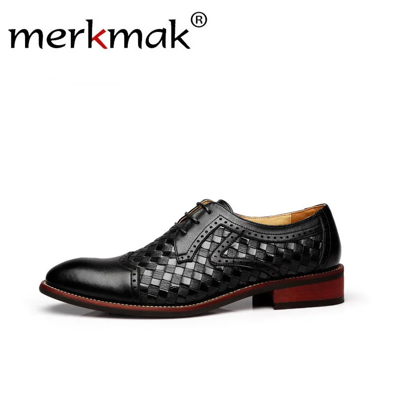 

Merkmak Weave Leather Business Men Casual Shoes Handmade Breathable Comfortable Men Shoes Leather Flat Mens Oxfords Formal Shoe