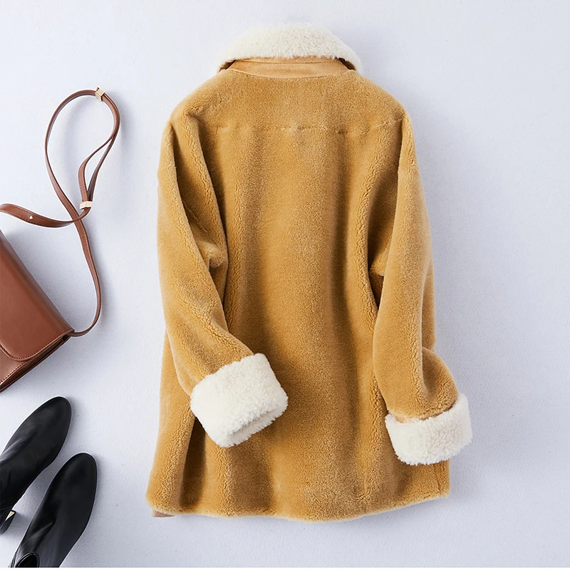 Korean style Winter 100% Real Fur wool Coat women Short blue yellow Whole Wool Skin Fur Adjustable Waist Belt Jacket