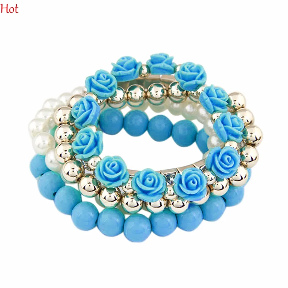 

Fashion Jewelry Women Bracelets Candy Color Imitation Pearl Rose Flower Multilayer Beads Stretch Charm Bracelet & Bangle 19002