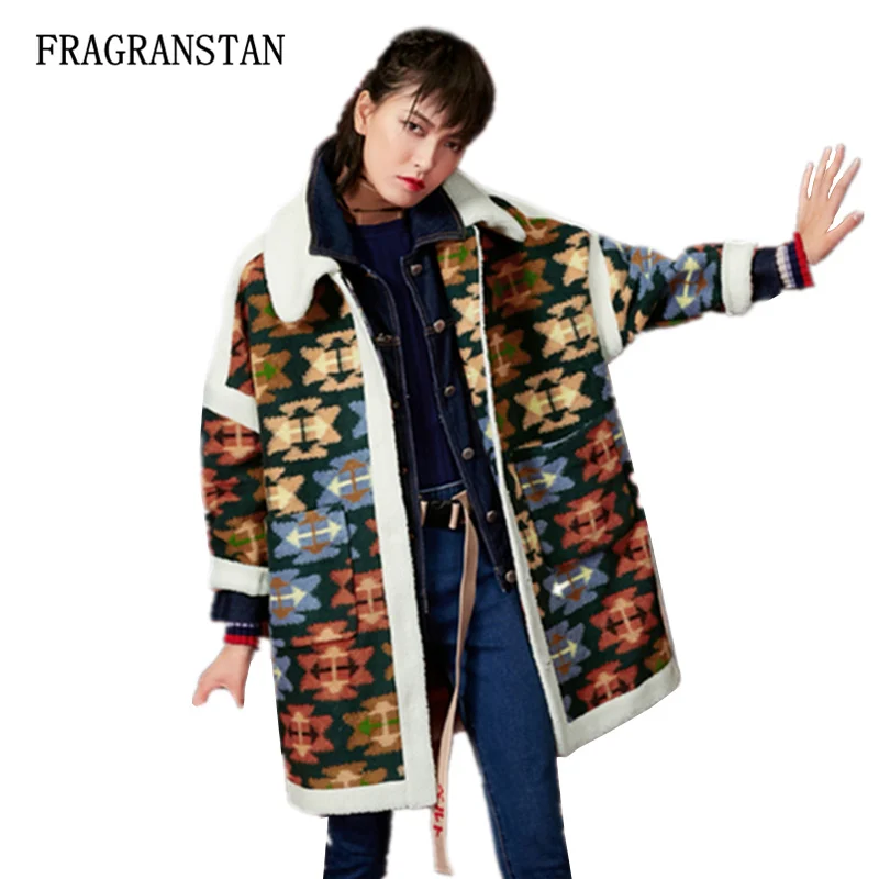 

New Ethnic Style Printed Thicken Keep Warm Lambswool Belt Parkas Winter Female Fashion Casual Loose Patchwork Long Coats JQ292