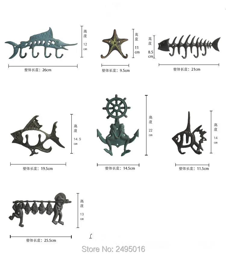 Чугунная синяя рыба-Марлин с 4 крючками для шапок и ключей 1" длинная