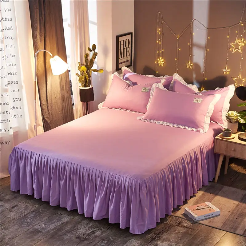 Korean Princess Bed Skirt Bedding Set White Purple Duvet Cover Bed