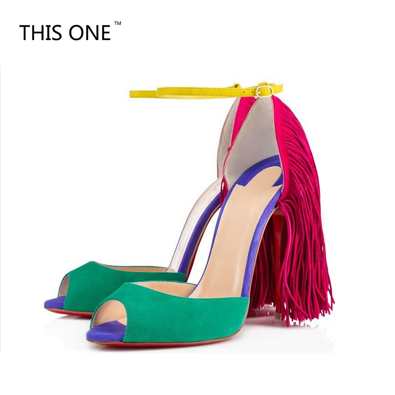 Sexy 12CM High Lace-up Sandals Peep Toe red green yellow Suede Mixed Colors Fringe Sandal Cut-out Thin Heels Dress Shoes Sexy 12CM High Lace-up Sandals Peep Toe red green yellow Suede Mixed Colors Fringe Sandal Cut-out Thin Heels Dress Shoes