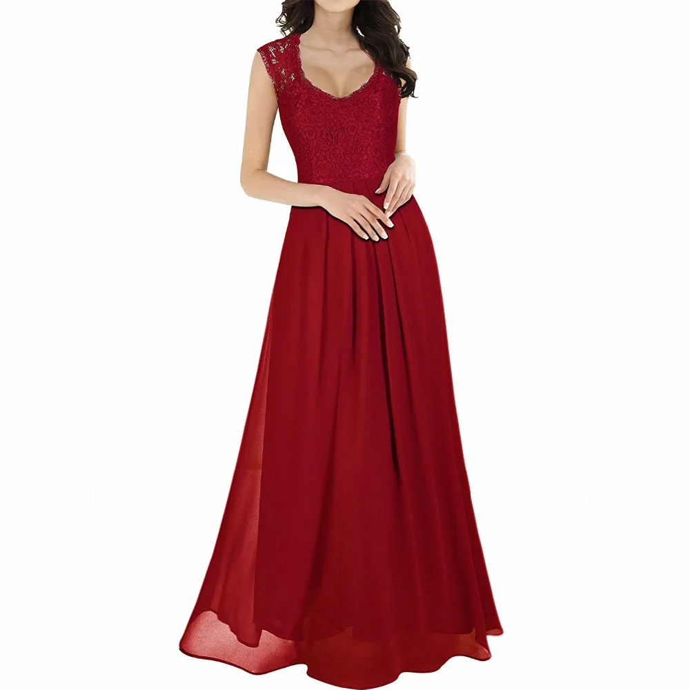 New elegant sleeveless V neck lace embroidery chiffon maxi