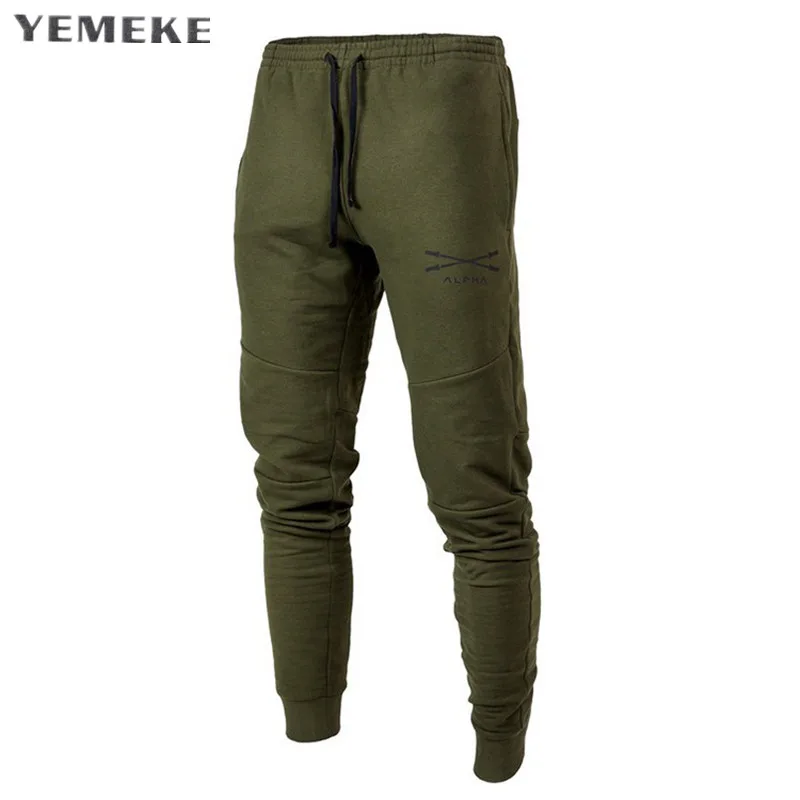 

YEMEKE 2017 Brand New Medal Fitness Casual Elastic Embroidered Pants Stretch Cotton Men's Pants Jogger Bodybuilding Green black