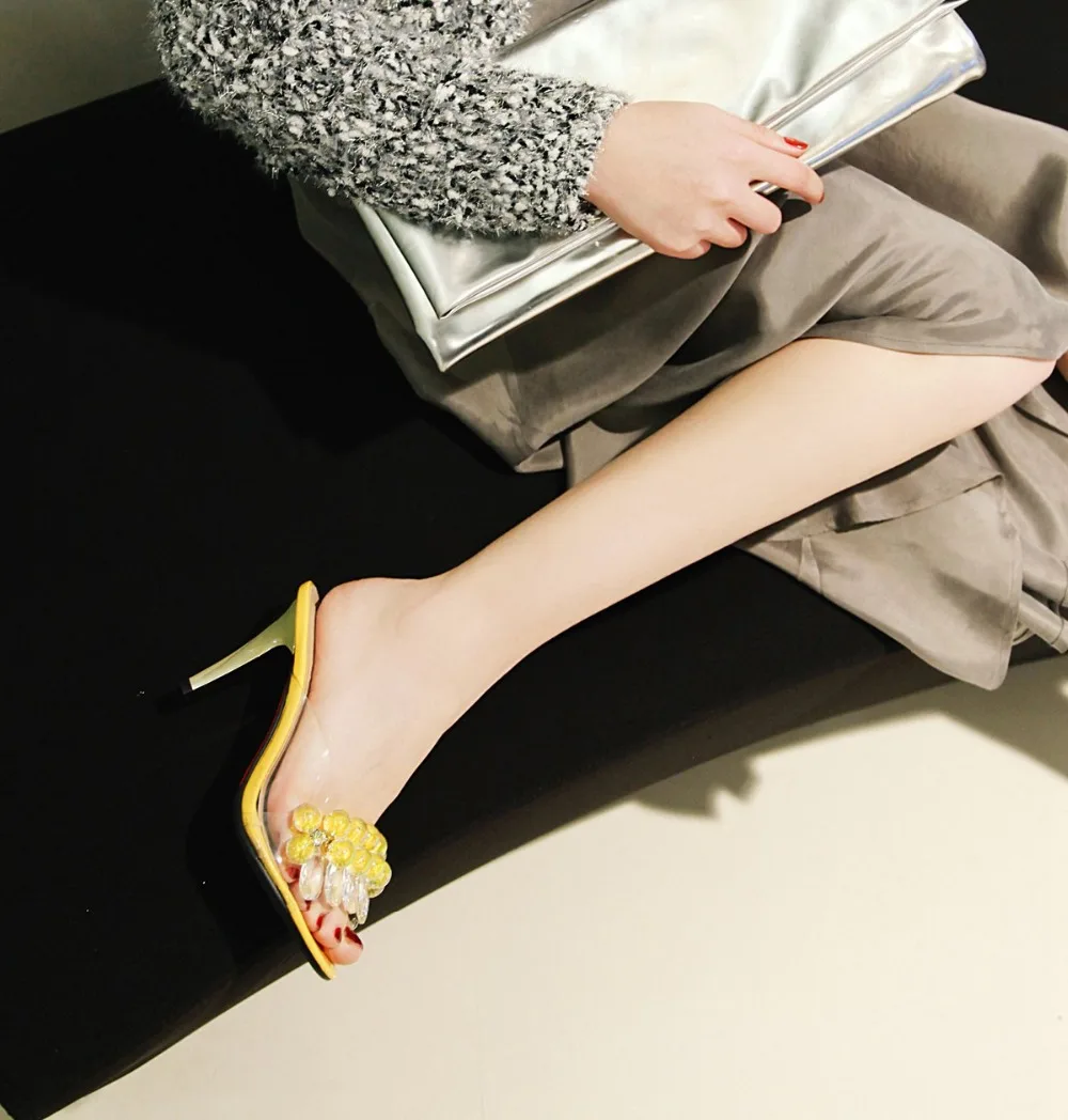 Новинка 2019 года; прозрачные тапочки из ПВХ; пикантные женские туфли на высоком каблуке с открытым носком; прозрачные шлепанцы на высоком