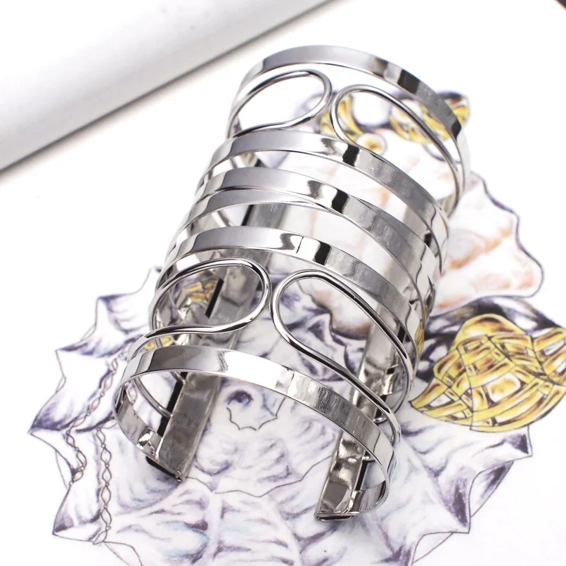 Панк дизайн широкие манжеты браслеты для женщин Золотой Серебряный цвет сплав большой браслет женские ювелирные изделия UKMOC