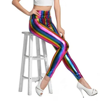 

#0506 Sexy Vertical Striped Rainbow Leggings women Ankle-length High elastic Slim fit Rainbow Sexy leather leggins Slim waist