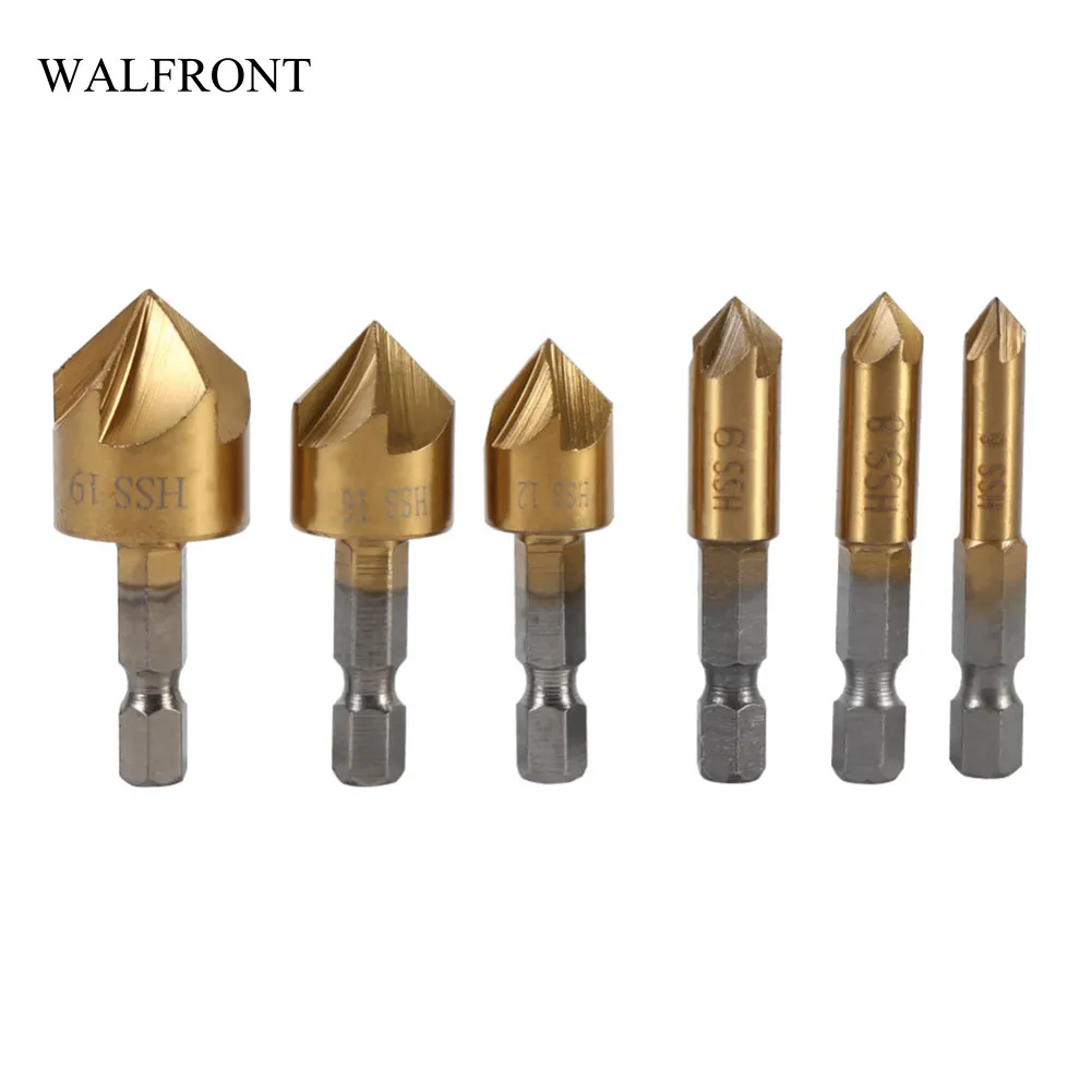 

WALFRONT 6pcs 1/4" Hex Shank 5 Flutes Countersink Drill Bits Set Woodworking Titanium Coated Metal Drilling Power Tools Cutter