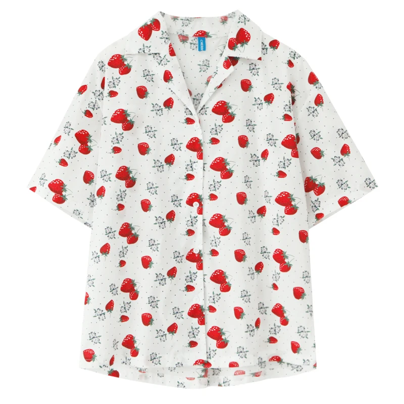 

2019 New Summer Shirts Women Retro Cute Strawberry Print Shirts Loose Lapel Harajuku Fruit Short Sleeve Shirts Female #6356