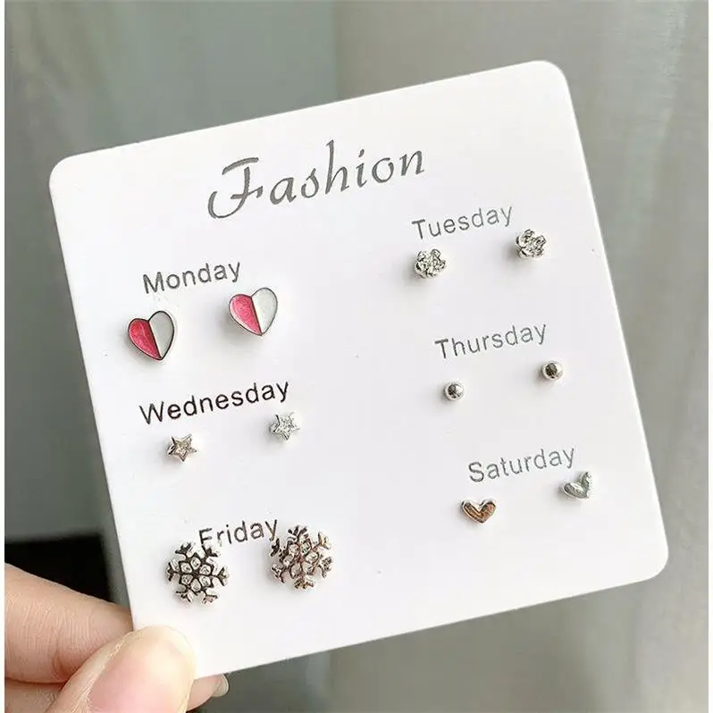 

one week small crystal heart snowflake stud earring set brincos beautiful girl students earrings for women 6 pairs/set