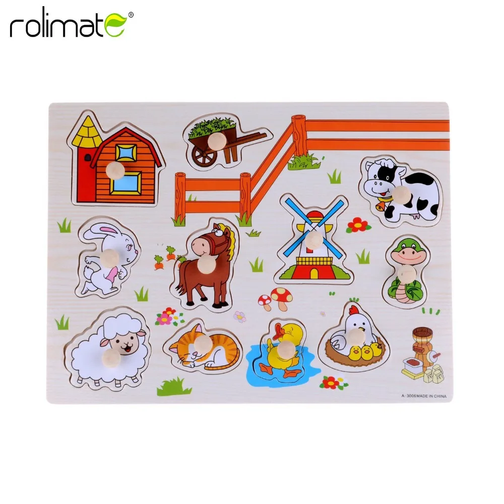 rolimate Baby Hand Grasp Knob Pegged Puzzle Wooden Farm Animals Jigsaw