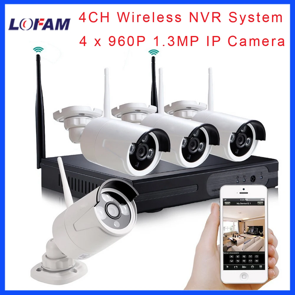 

LOFAM 4CH Wireless NVR CCTV System 960P 1.3MP IP Camera WIFI Waterproof IR Night Vison 30M Home Security Camera Surveillance Kit