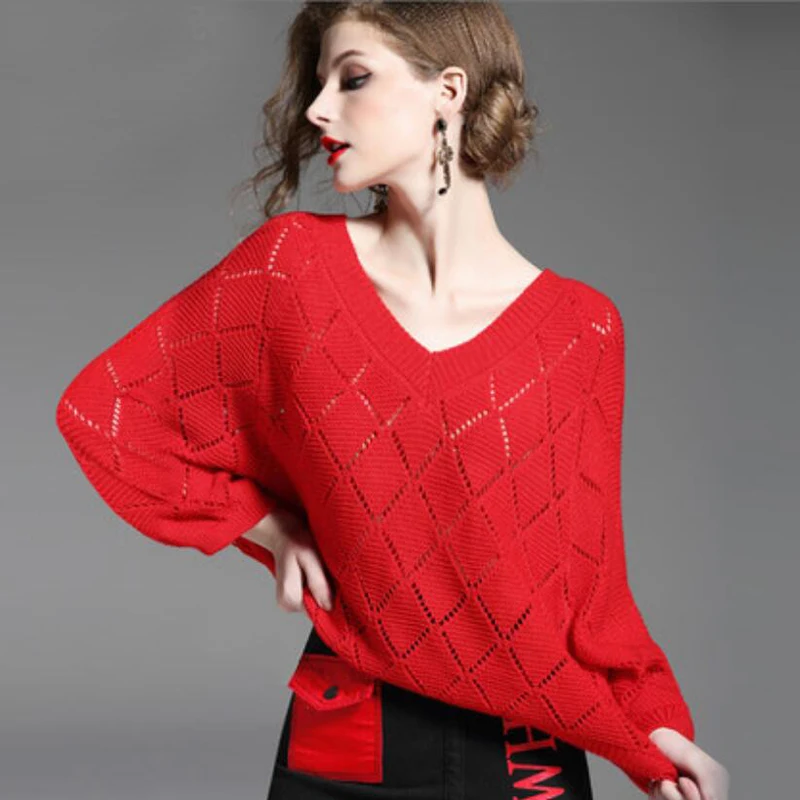 New Sweaters Women Fashion Red Pullover Latern Sleeve Loose Sweater ...