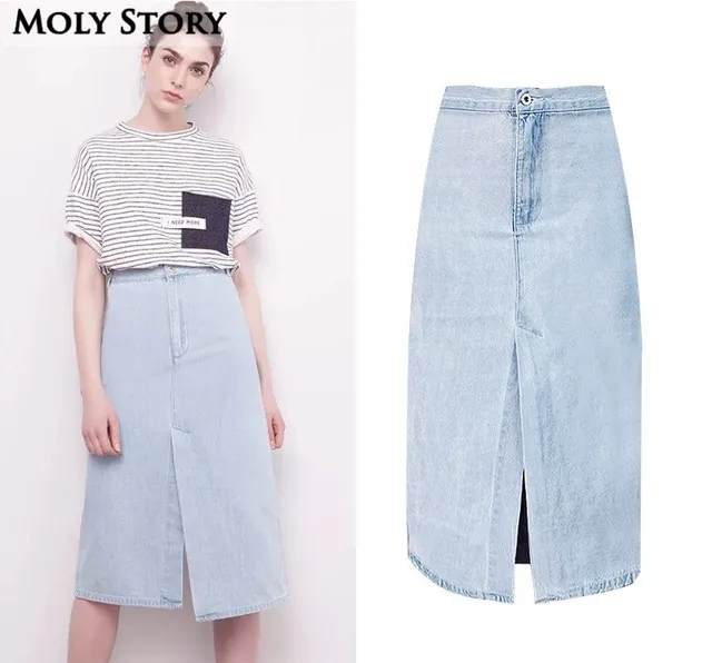 Download Light Blue Washed Denim Skirt Cute Casual Front/Back Split ...