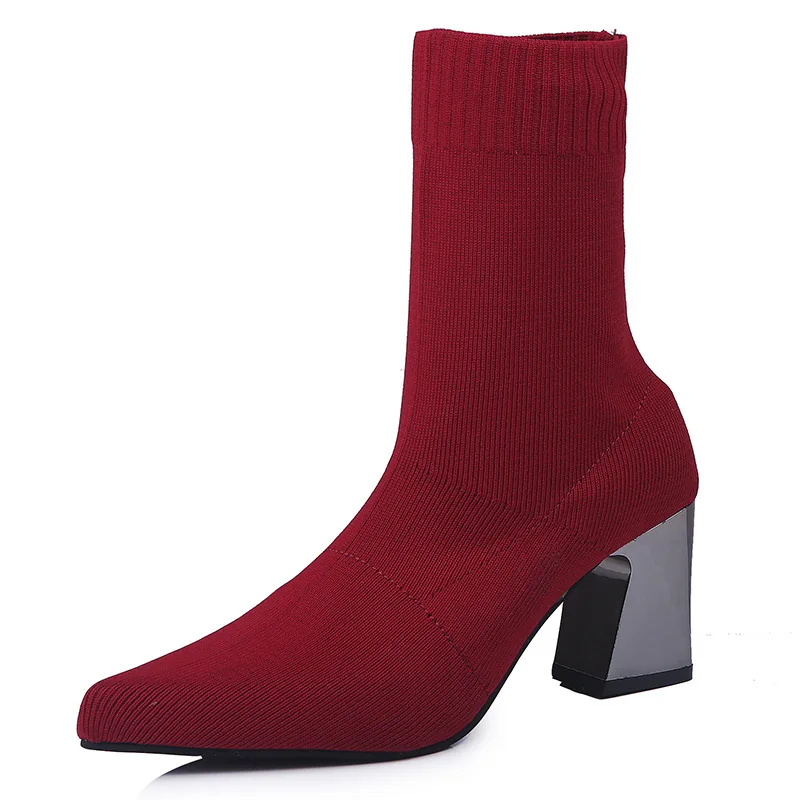 

2018 Fashion Elastic Sock ankle Boots Chunky High Heels Martin boots Women Autumn Sexy Booties Pointed Toe Women shoes