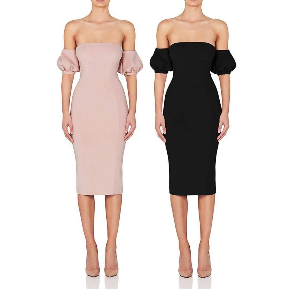 

New Design Sexy Off Shoulder Women Bandage Dress Slash Neck Solid Mid Calf Dresses Celebrity Party Cocktail Bodycon Vestido HL