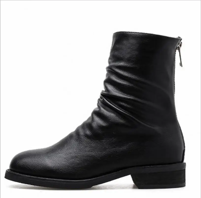 Плиссированная обувь на деревянном каблуке; красивые короткие ботинки modis; зимние женские ботинки до середины икры на молнии сзади; универсальные теплые ботинки челси - Цвет: Черный
