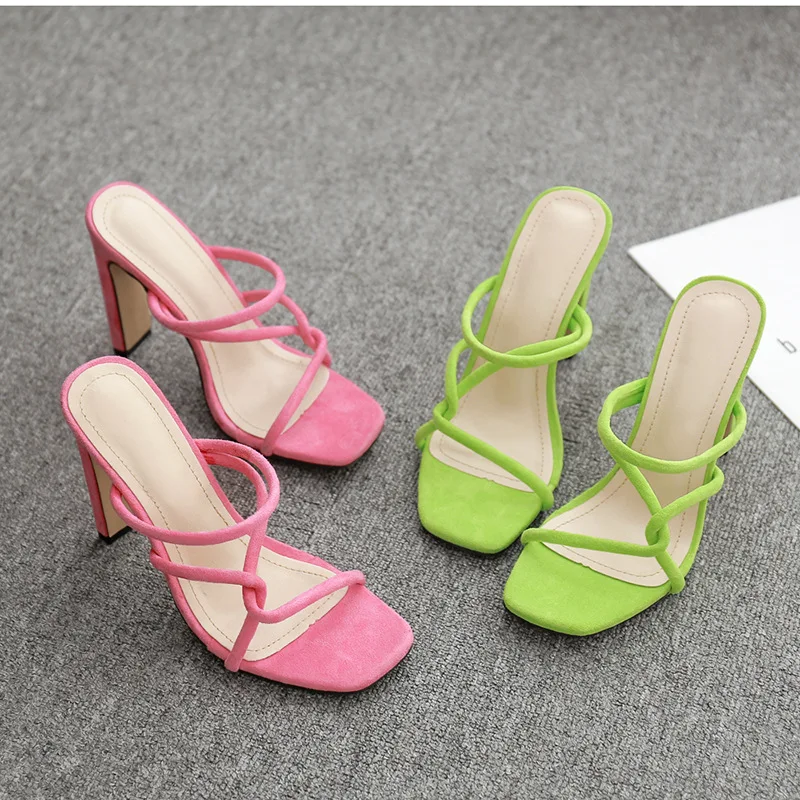 

Slides Shoes Lady Slippers Heels Cross-tied Sliders Baby High Fretwork Fabric Rubber Square heel PU Narrow Band Super Slippers