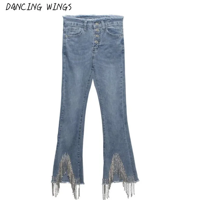 

European Style Studded Jeans Woman 2019 Spring High-waist Slim Fringed Beaded Diamond Jeans Ladies High Street Denim Pants