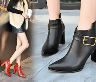

2018 new European and American wind pointed thick with belt buckle net red with the boots women.