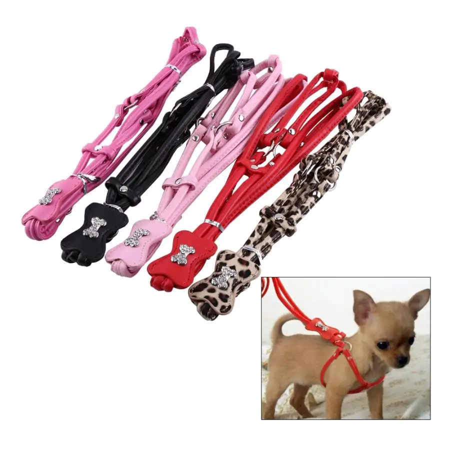 

Step-in Pet Dog Puppy Soft PU Leather Leash Lead Rope Harness Set Fashion Rhinestone Bone Dog Leash Collar