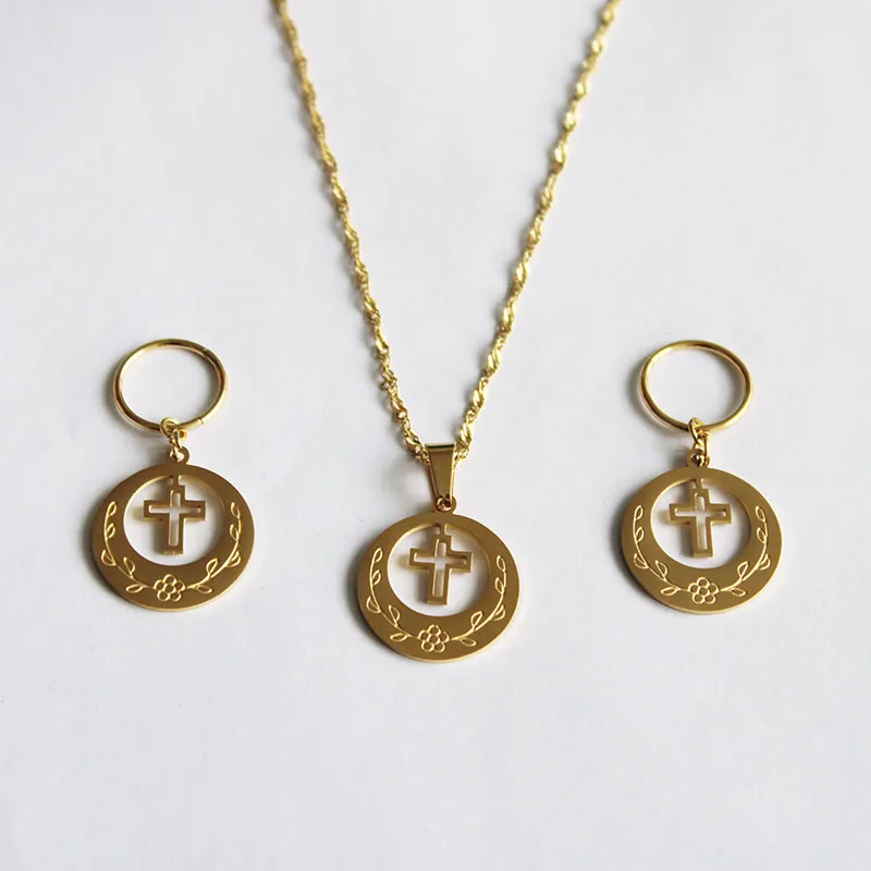 

24K Gold Color Stainless Steel Cross Jewelry Sets New Zealand Kiribati Micronesia Guam Birthday Gift