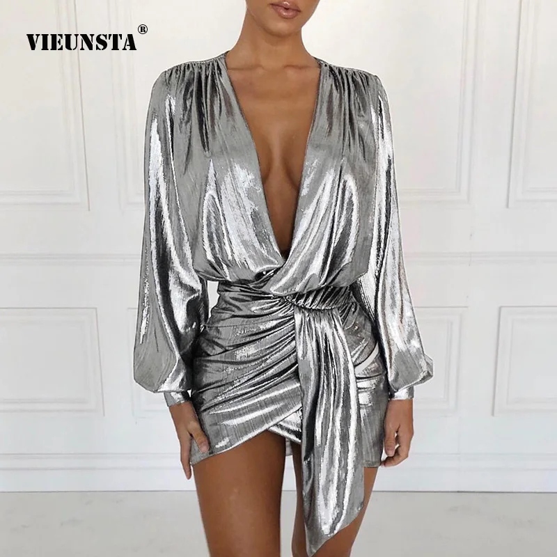 

VIEUNSTA 2XL Deep V-neck Cross Bandage Bronzing Dress Women Spring Long Sleeve Ruched Bodycon Dresses Irregular Zippers Dress